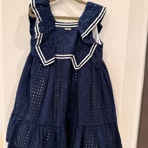 Foque Navy Blue Broderie Anglaise Dress with Ivory Trim
